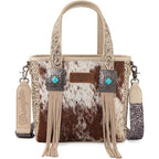 Montana West Wrangler Cowhide Tote Bag For Women Western Tooling Handbag Leather Fringing With Turquoise Stone Concho
