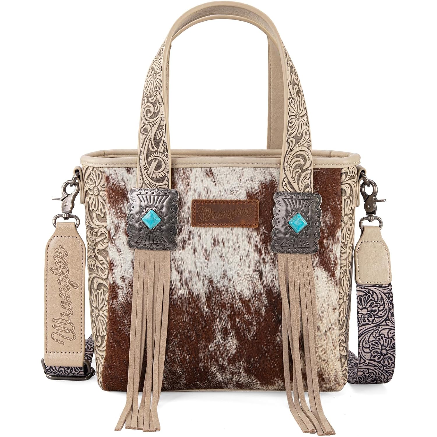 Montana West Wrangler Cowhide Tote Bag For Women Western Tooling Handbag Leather Fringing With Turquoise Stone Concho