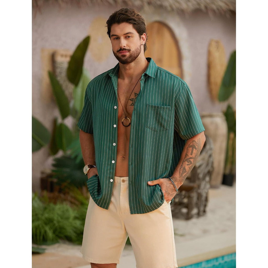 Hardaddy Men'S Casual Striped Shirts Button Down Short Sleeve Blouse Summer Hawaiian Shirt