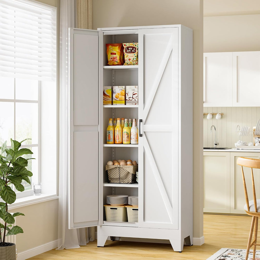 Farmhouse Storage Cabinet,75" H Metal Pantry Cabinet With Barn Doors And Adjustable Shelves,75" H 6-Tier Rustic Pantry Organizers For Kitchen,Dining Room,White