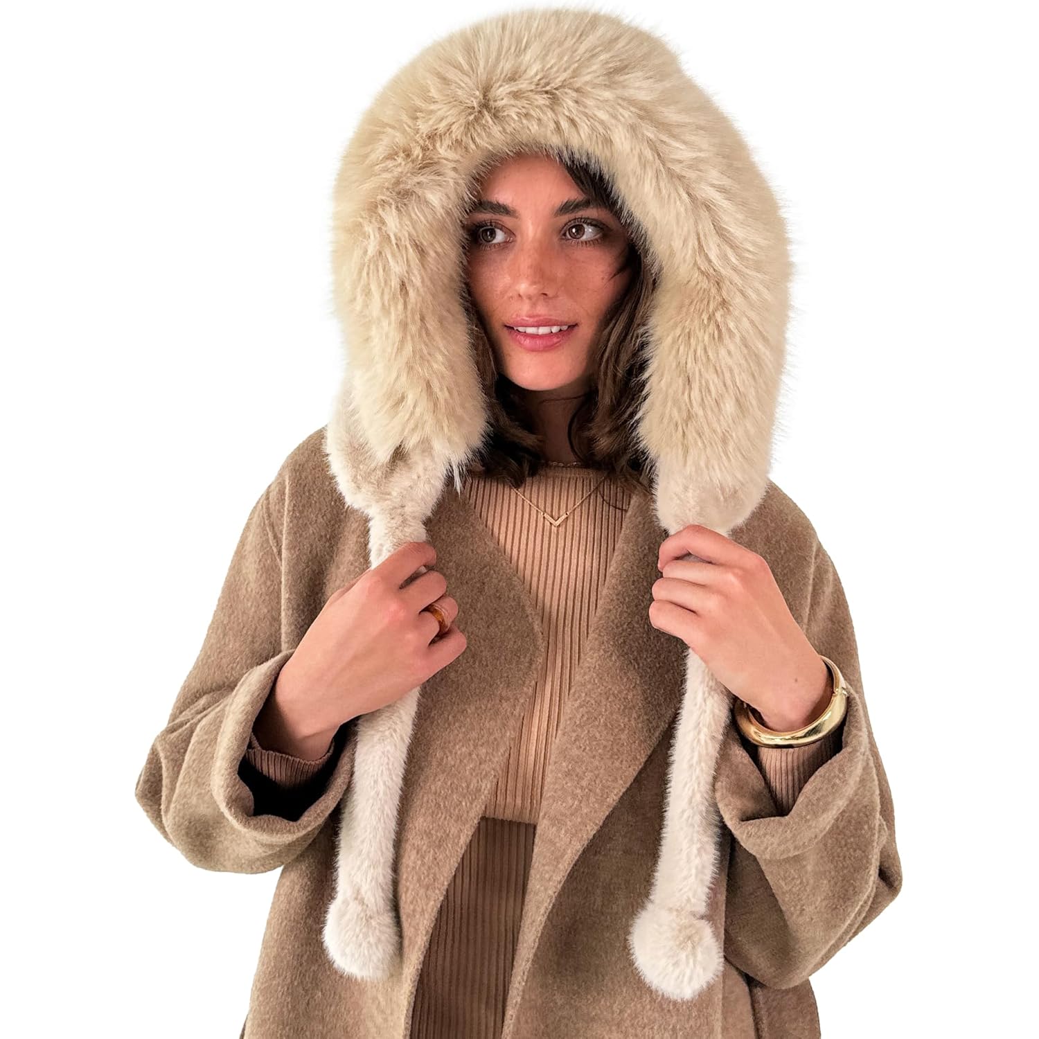 CATCHY & CRAFTY Faux Fur Hooded Winter Hats for Women Warm Fluffy Trapper Hats Head Ear Neck Cover Cold Weather Ski Cap