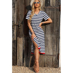 Dokotoo Womens Summer Casual Trendy 2026 Short Sleeve Maxi Dress Striped Split Vacation Color Block T Shirt Dress