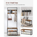 VASAGLE Hall Tree with Bench and Shoe Storage, Entryway Bench with Coat Rack Stand and Shoe Rack, 9 Movable Hooks, Top Bar, Fabric Shelves, Industrial, Rustic Brown and Black UHSR411B01