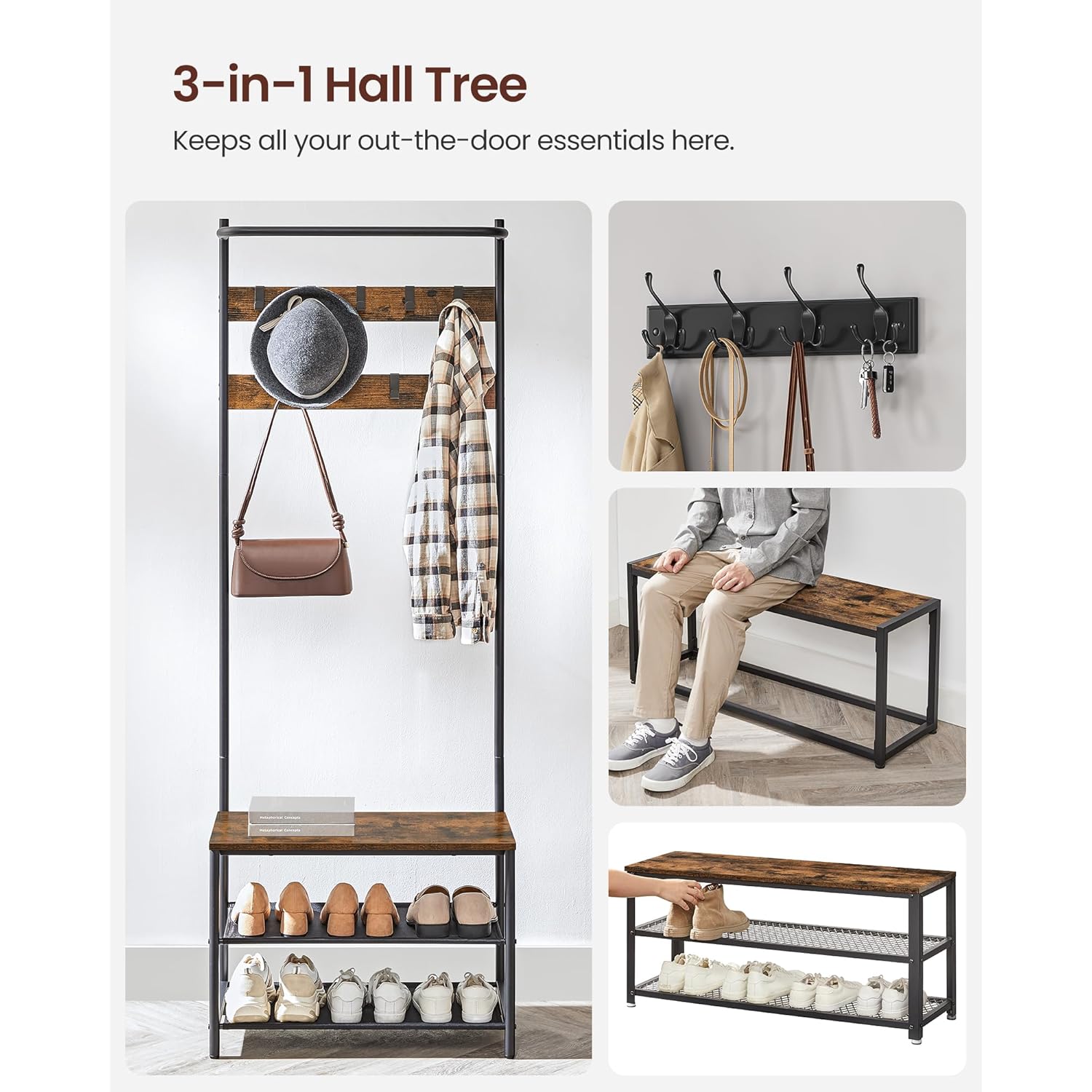 VASAGLE Hall Tree with Bench and Shoe Storage, Entryway Bench with Coat Rack Stand and Shoe Rack, 9 Movable Hooks, Top Bar, Fabric Shelves, Industrial, Rustic Brown and Black UHSR411B01