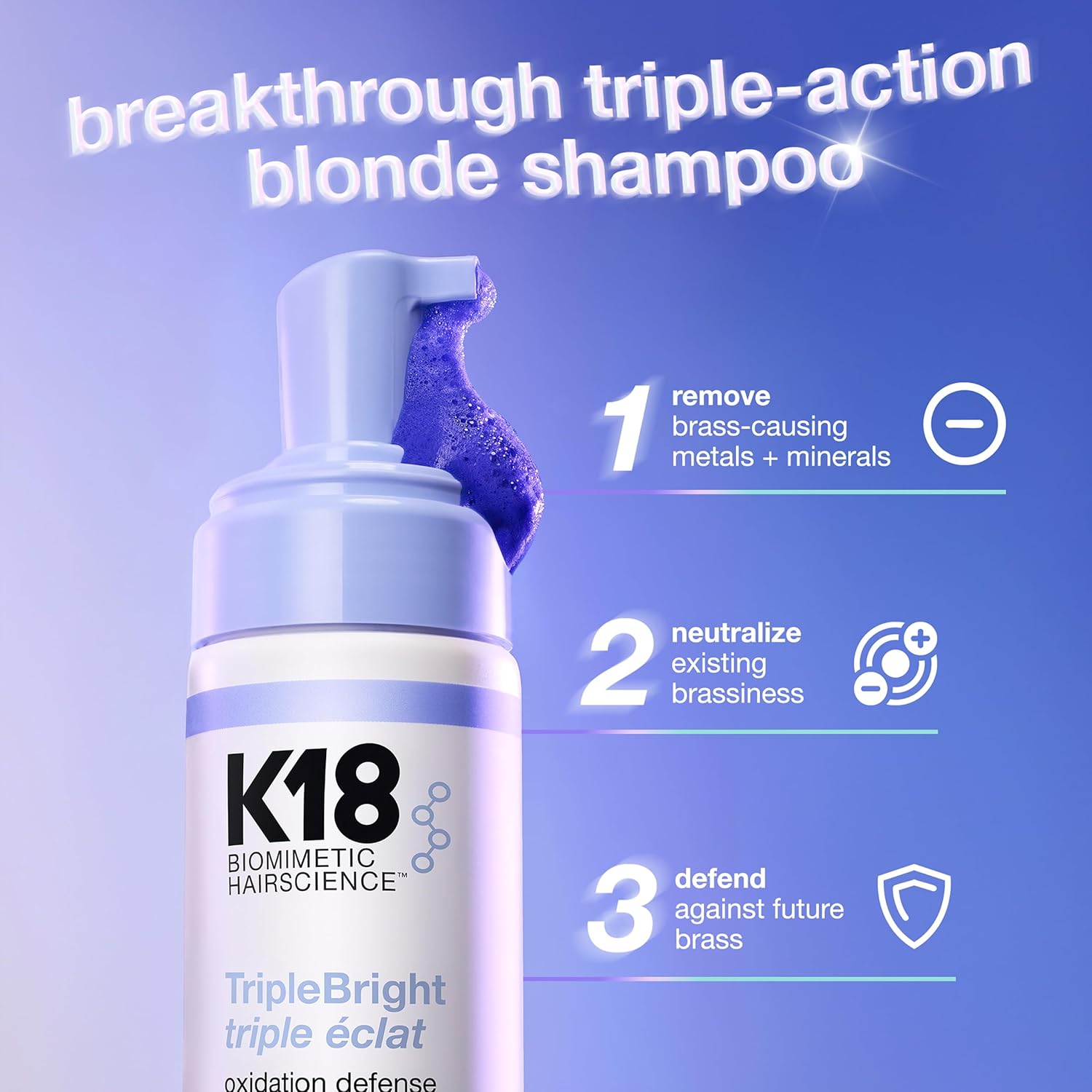 K18 TripleBright Oxidation Defense Purple Shampoo - Non-Staining Blonde Shampoo for All Highlighted + Lifted Hair Tones - Removes + Helps Prevent Brass for Brighter, Longer-Lasting Blonde (4.2 Fl oz)