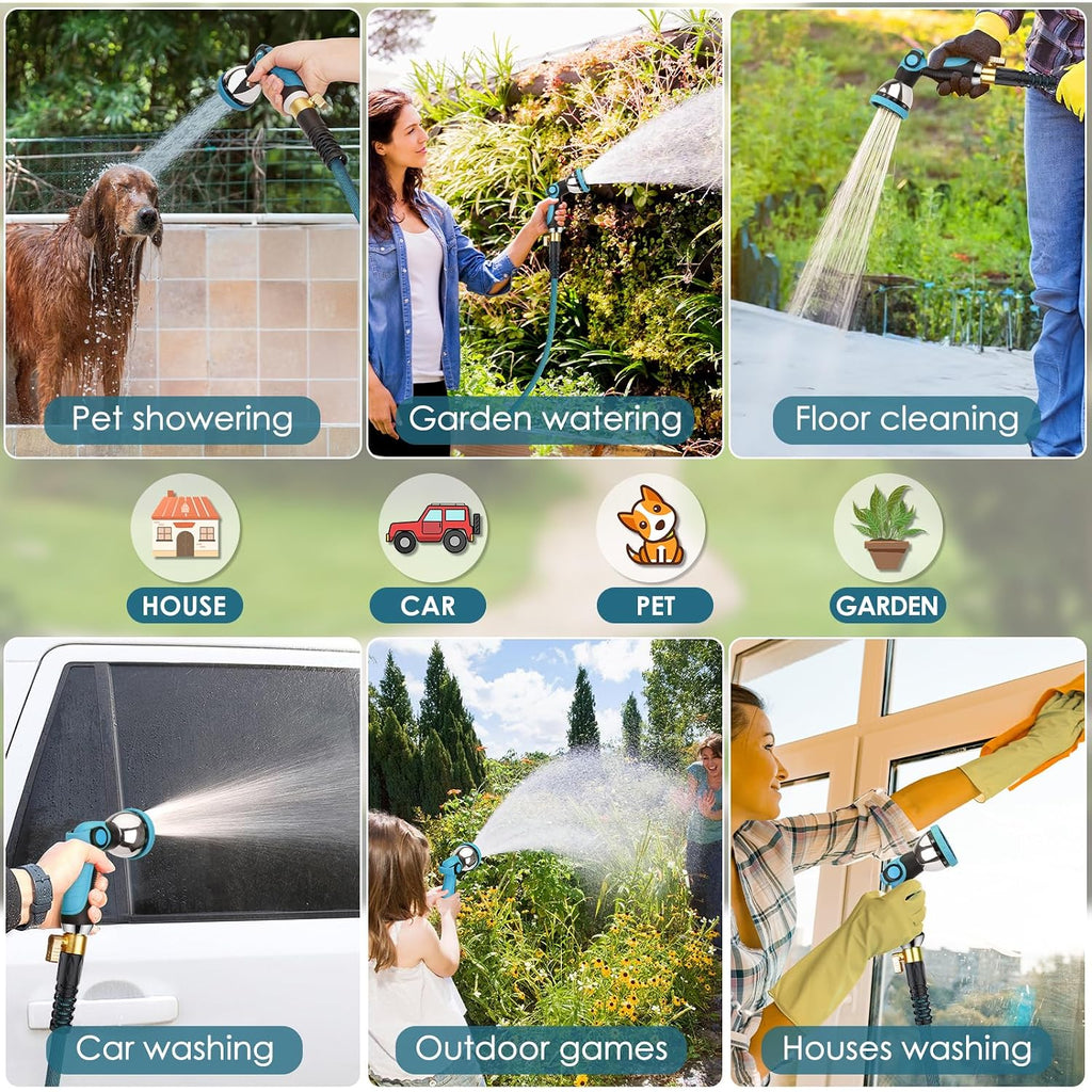 Garden Hose 100 Ft, Non-Expandable Lightweight Water Hose, 360° Swivel Anti-Kink Fittings, 10-Pattern Spray Nozzle & Shut-Off Valve, Flexible Water Hose For Yard, Lawn, Car Wash, Blue