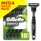 Gillette Mach3 Sensitive Razors for Men, Men’s Disposable Razors, Pivoting Head for Close and Comfortable Shave, 10 Count