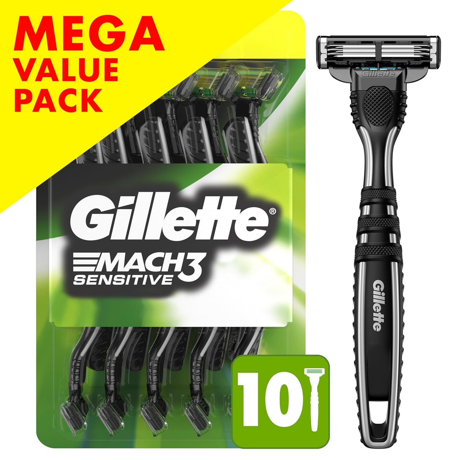 Gillette Mach3 Sensitive Razors for Men, Men’s Disposable Razors, Pivoting Head for Close and Comfortable Shave, 10 Count