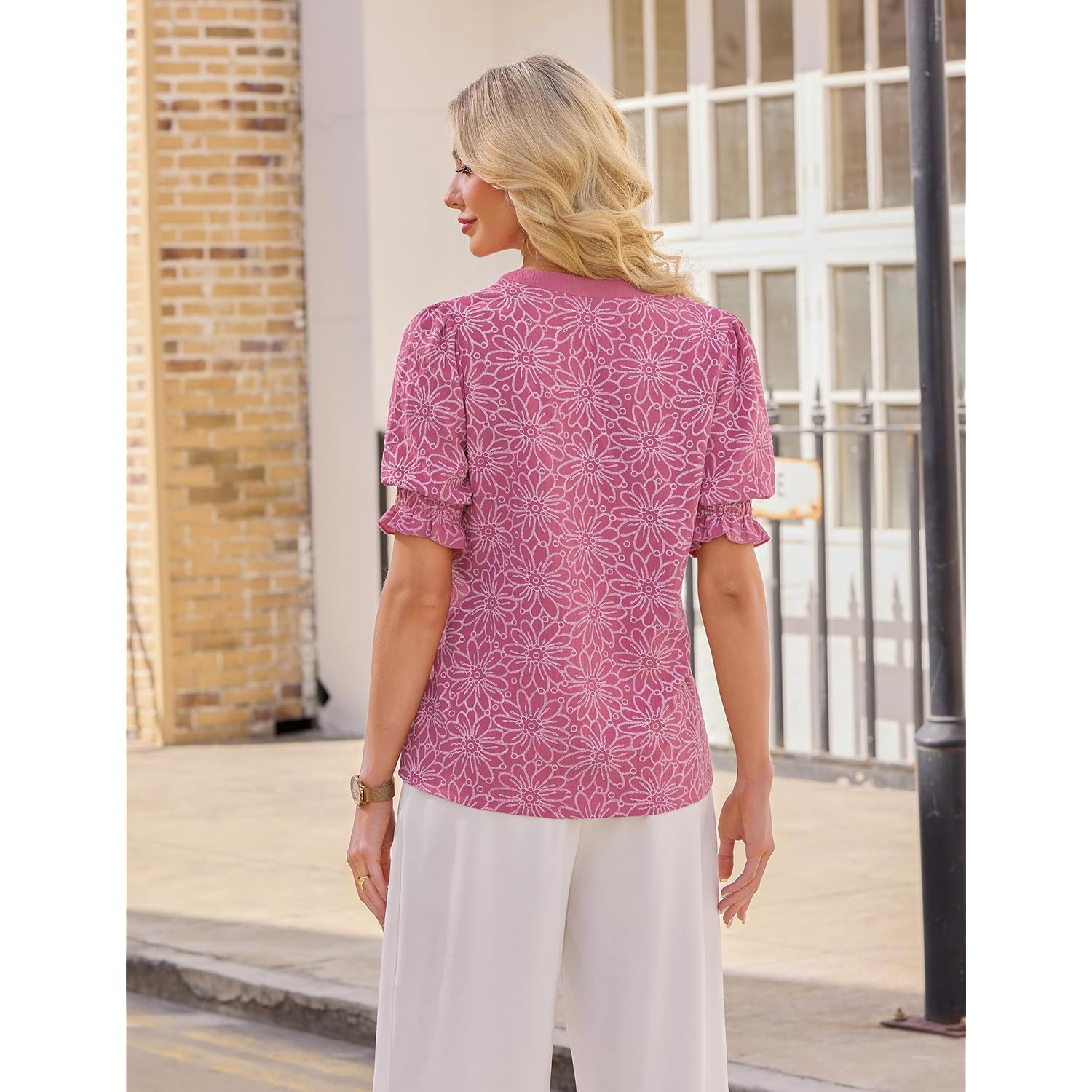 Women Puff Ruffled Sleeves Dressy Casual Blouses Floral Print V Neck Tops Color Blocked Business Work Shirts