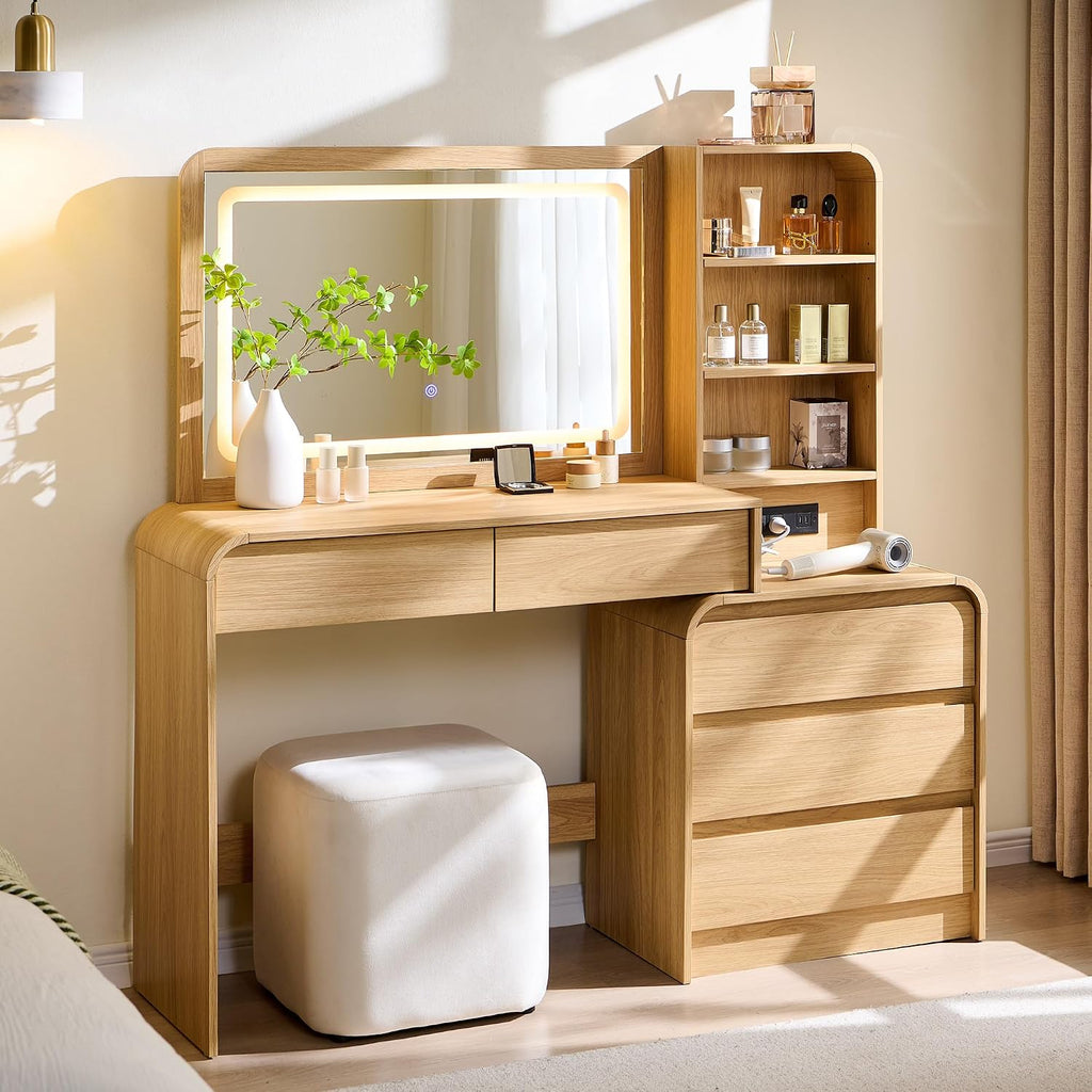 Aitjunz Vanity Desk With Mirror And Lights, 50” Modren Makeup Vanity With 35.43" Mirror And 5 Drawers, Makeup Table With Charging Station For Women And Girls, Bedroom (Natural)