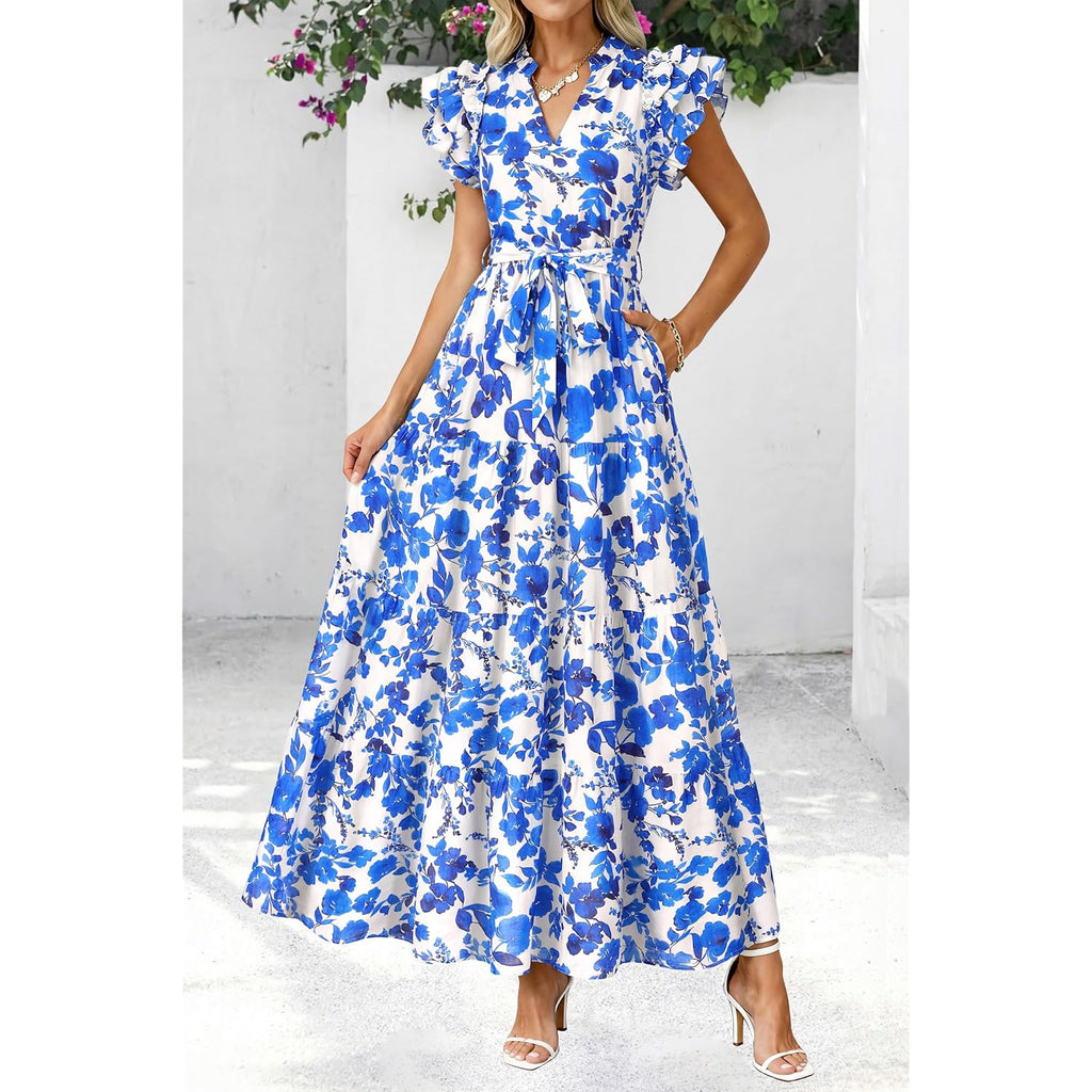 Dowerme Women Summer Maxi Dresses 2026 Ruffle Sleeve V Neck Floral Boho Long Dress Belted Tiered Sundress With Pockets