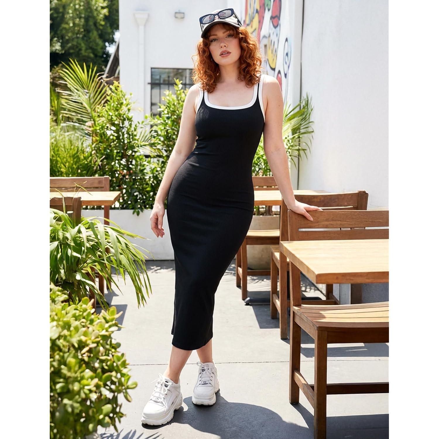 Zesica Women'S 2026 Summer Bodycon Midi Dress Casual Sleeveless Square Neck Side Slit Knit Beach Vacation Long Dresses