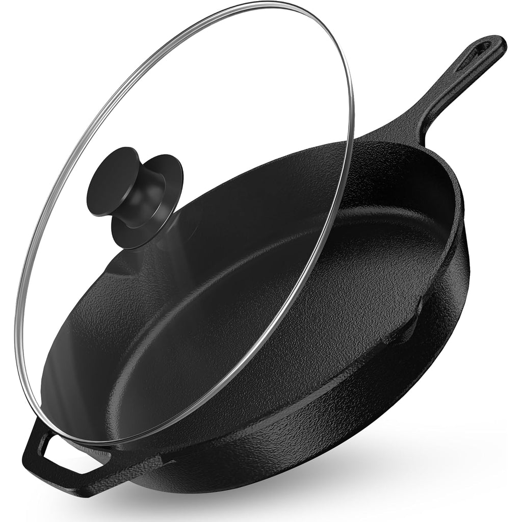Utopia Kitchen Premium Saute Frying Pan 12 Inch, Cast Iron Chefs Pan, Pre Seasoned Cast Iron Skillet With Lid, Safe Grill Cookware For Indoor & Outdoor Use, Black