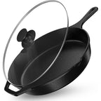 Utopia Kitchen Premium Saute Frying Pan 12 Inch, Cast Iron Chefs Pan, Pre Seasoned Cast Iron Skillet With Lid, Safe Grill Cookware For Indoor & Outdoor Use, Black