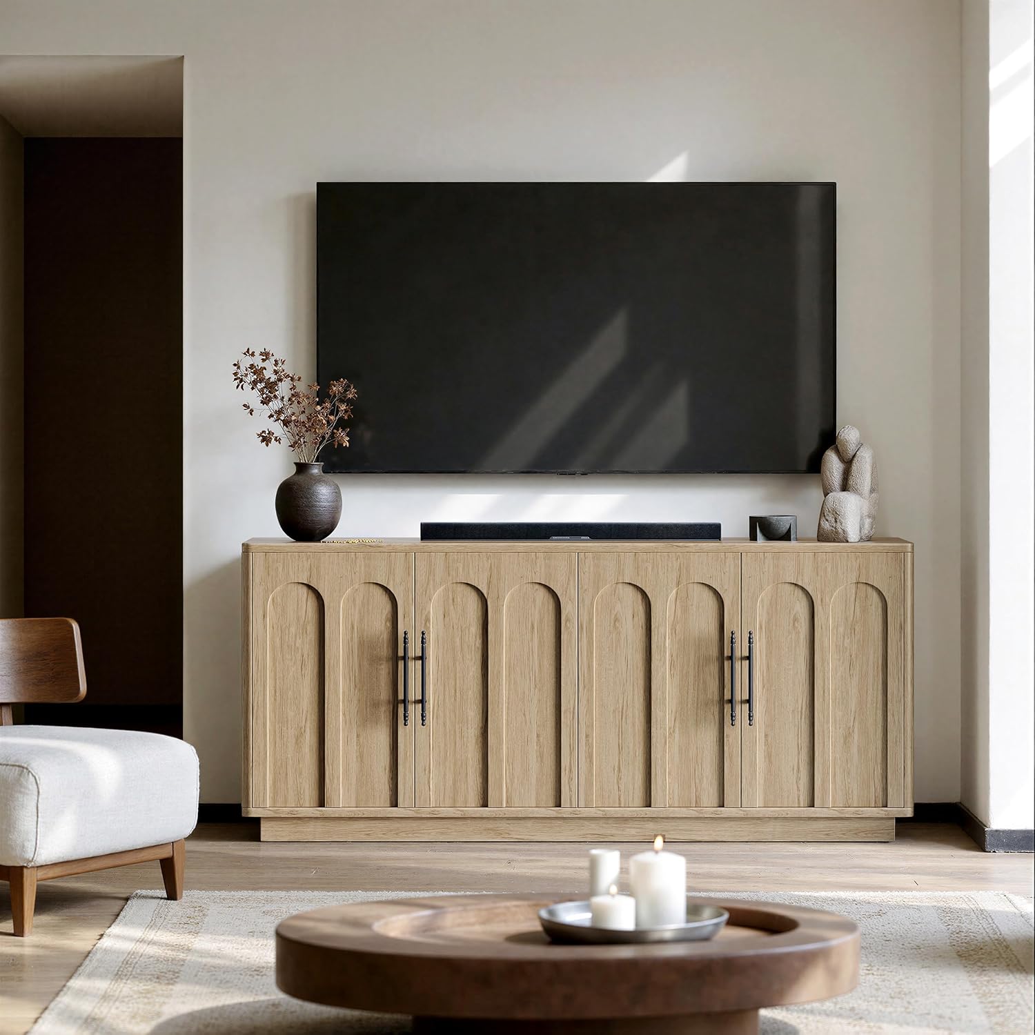 Evermagin 67" Arched Oak Buffet Cabinet With Storage, Large Credenza With 4 Doors, Wood Mid Century Modern Sideboard For Kitchen And Living Room (67"*31.5"*15.7")