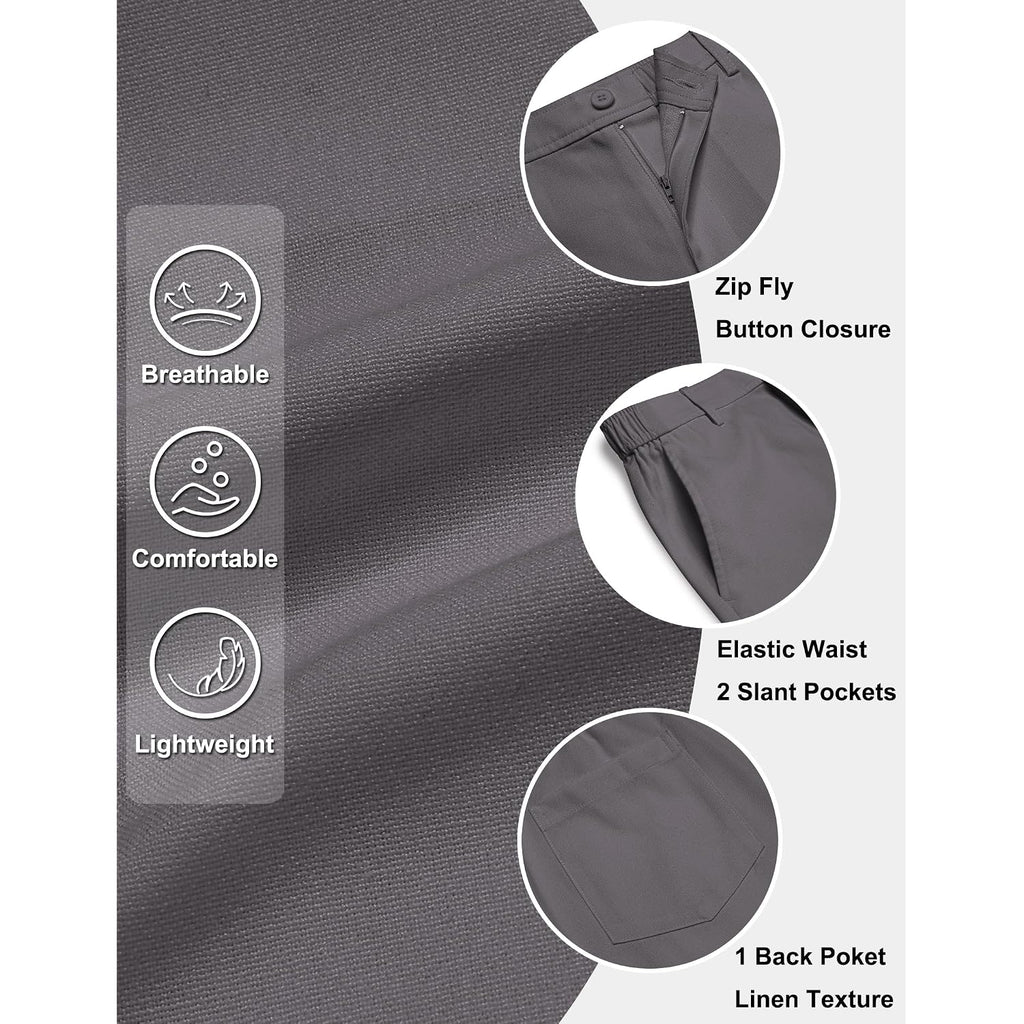 Coofandy Mens Casual Shorts 9" Flat Front Elastic Waist Linen Dress Shorts Lightweight Summer Outfits With Pockets
