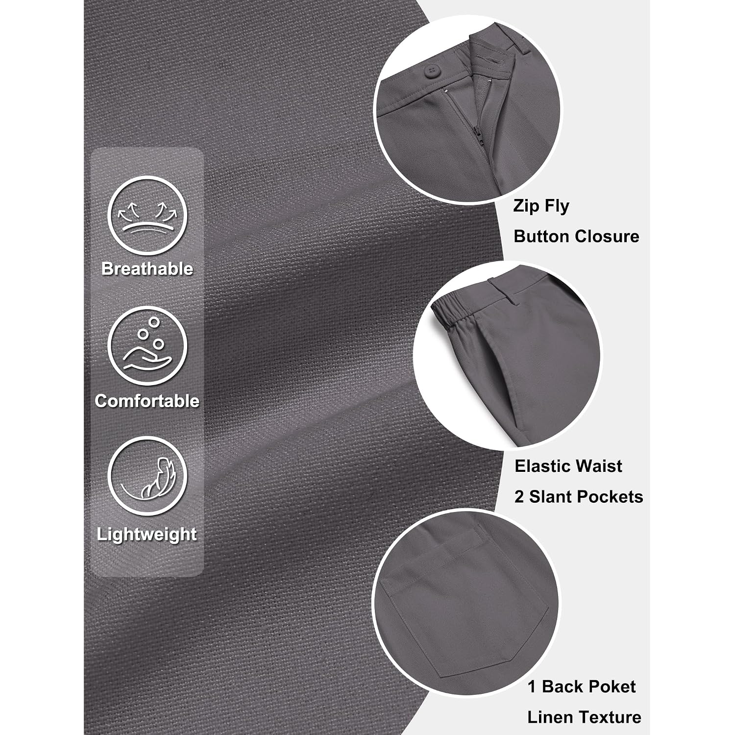 Coofandy Mens Casual Shorts 9" Flat Front Elastic Waist Linen Dress Shorts Lightweight Summer Outfits With Pockets