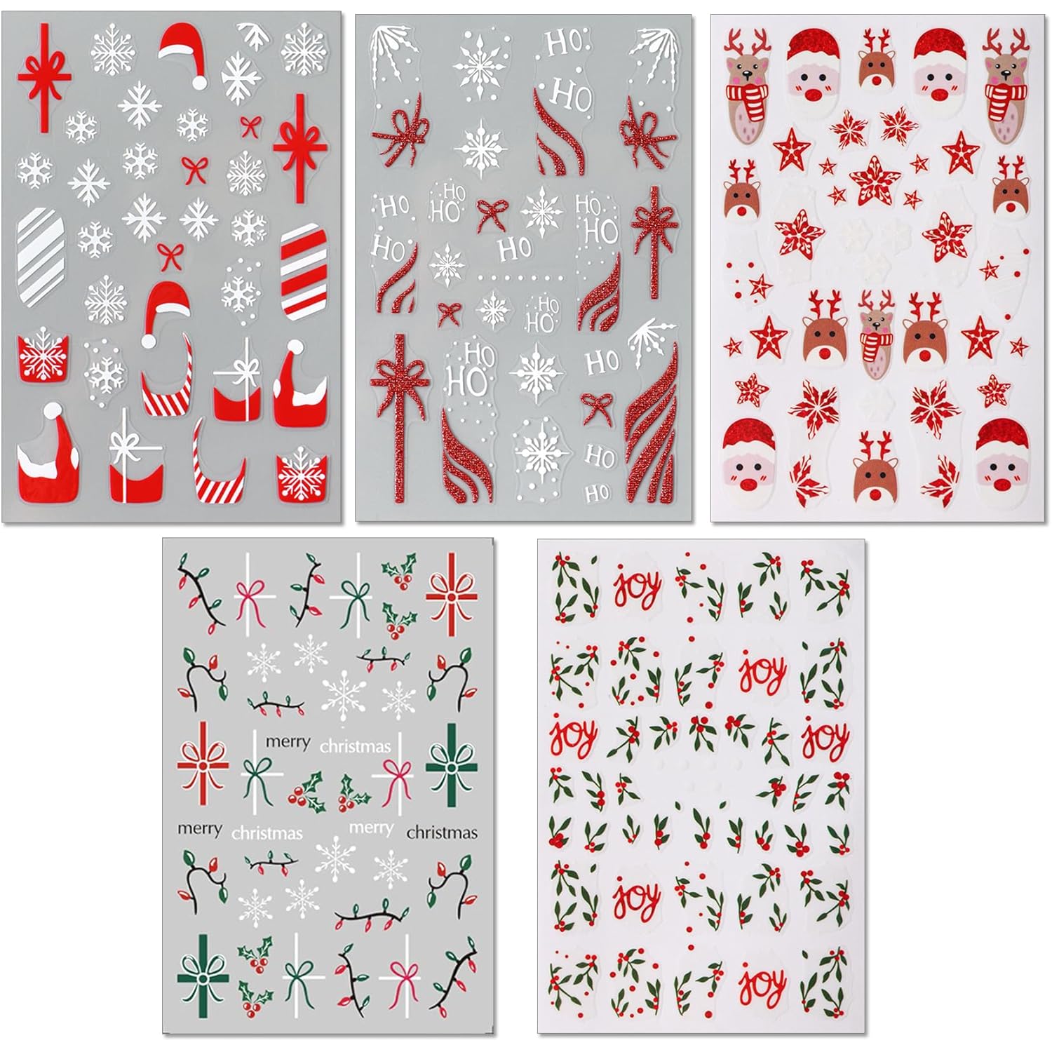 IDDFEVE Christmas Gift Bow Nail Art Stickers, Santa Hat Elk Snowflake Design, 3D Self-Adhesive Glitter French Nail Tip Winter Holiday Nail Decals for Women (5 Sheets)