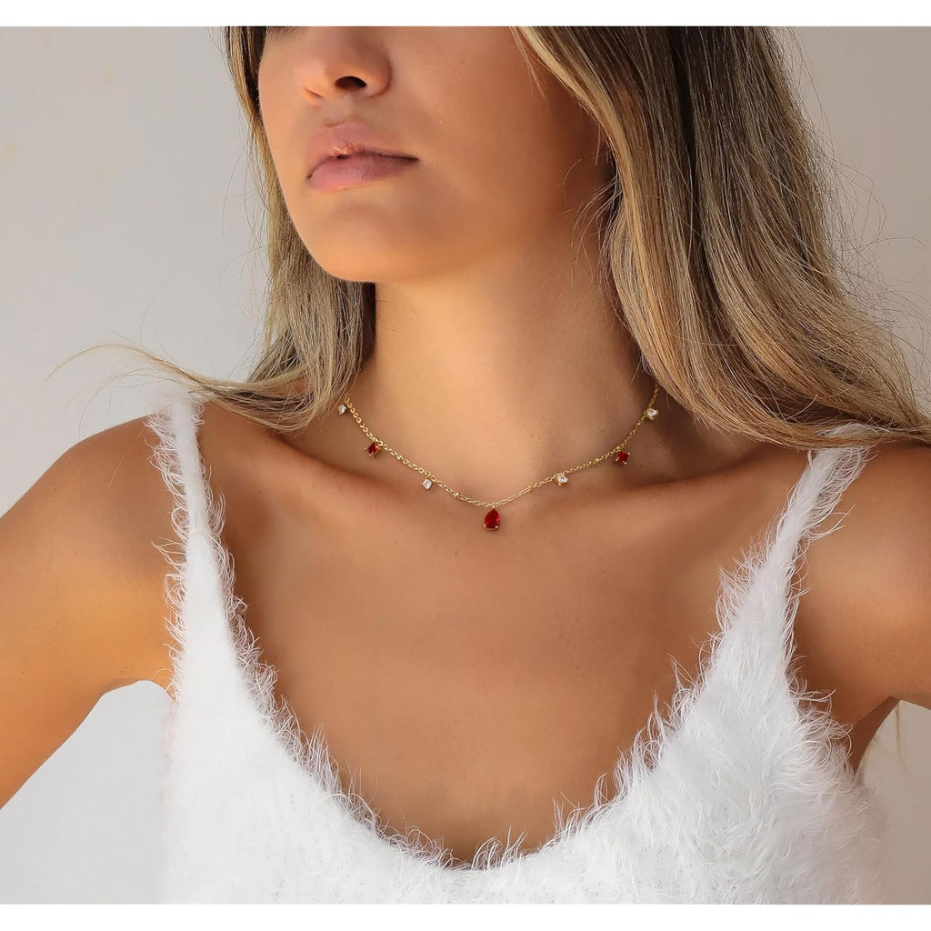 RLMOON Gold Necklaces for Women 14K Gold Plated CZ Diamond Choker Necklace Red Emerald Green Blue Black Teardrop Necklace for Wedding Bridesmaid Prom Trendy Gold Jewelry Gift