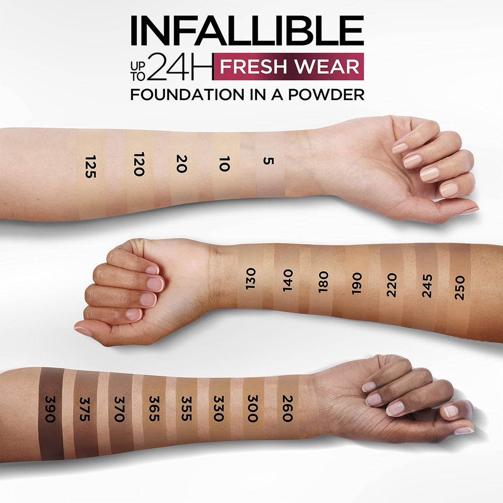 L'Oreal Paris Makeup Infallible Fresh Wear Foundation in a Powder, Up to 24H Wear, Waterproof, True Beige, 0.31 oz. (Packaging May Vary)