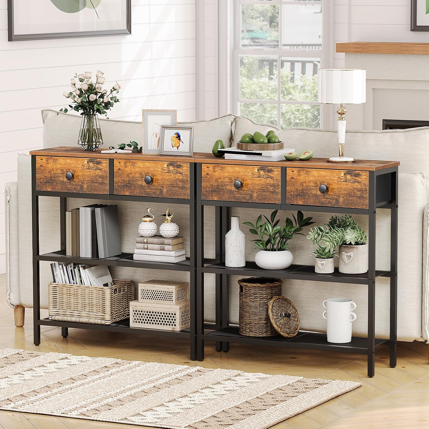 Hoobro 29.5" Narrow Console Table With 2 Fabric Drawers, Sofa Table, Small Entryway Table With 3-Tier Storage Shelves, Behind Couch Table, For Living Room, Hallway, Rustic Brown And Black Bf72Xg01