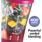 Hamilton Beach Portable Blender for Shakes and Smoothies, 14 Oz BPA Free Travel Cup & Lid, Durable Stainless Steel Blades, Personal Smoothie Blender, Raspberry, 51131G