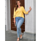Beautife Womens Plus Size 3/4 Sleeve Tops V Neck Loose Fit Tee Shirts Dressy Casual Eyelet Lace Tunic Blouse