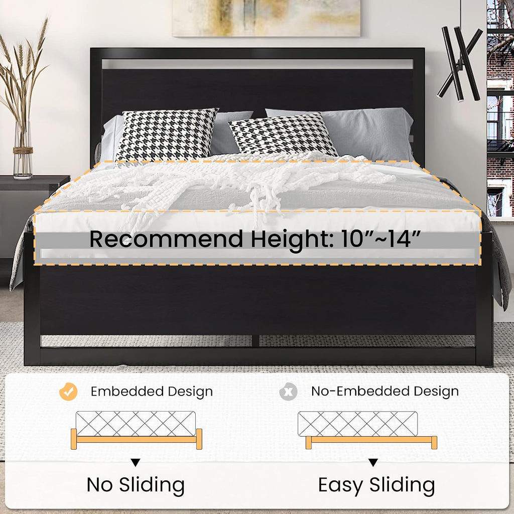 Sha Cerlin Heavy Duty Queen Size Bed Frame With Modern Headboard, Black