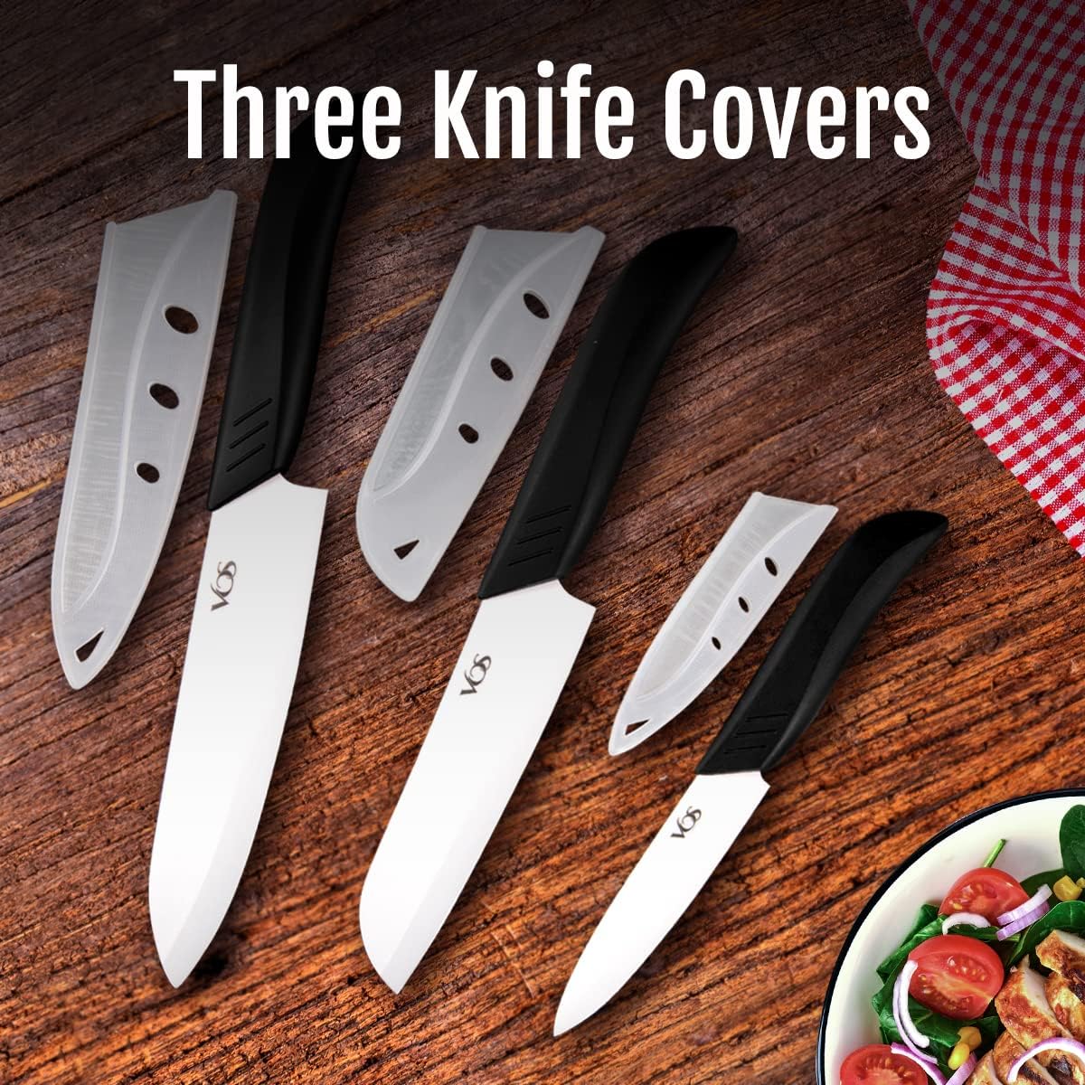 Vos Ceramic Knife Set In Elegant Gift Box, Ceramic Knives Set For Kitchen, Ultra Sharp Kitchen Knife Set With Covers, 4" 5" 6" Paring, Santoku & Chef Knife, Lightweight, Dishwasher Safe (Black Handle)