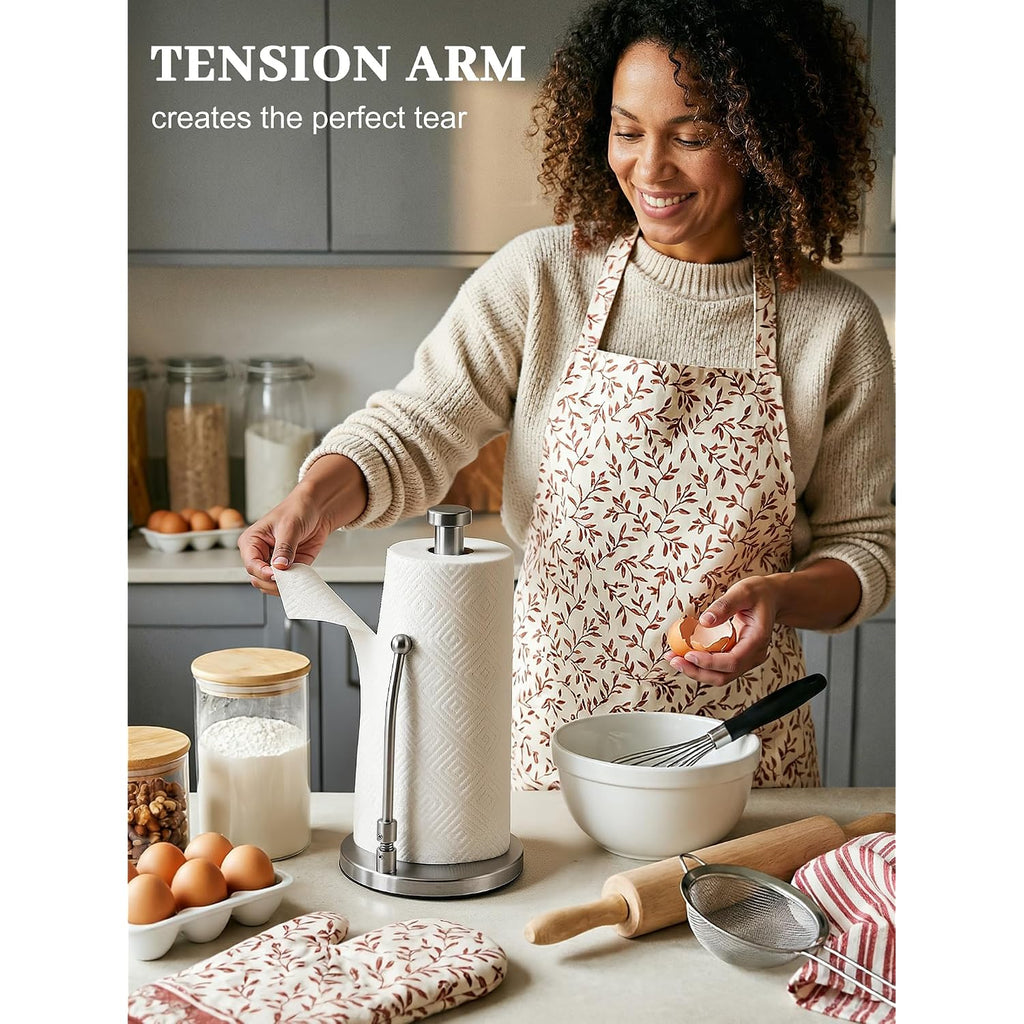Smartake Paper Towel Holder, Paper Towel Dispenser Standing Weighted Base Non Slip, Spring Arm For Easy Tear, Stainless Steel Paper Towel Holder For Home Kitchen Countertop Tabletop, Silver