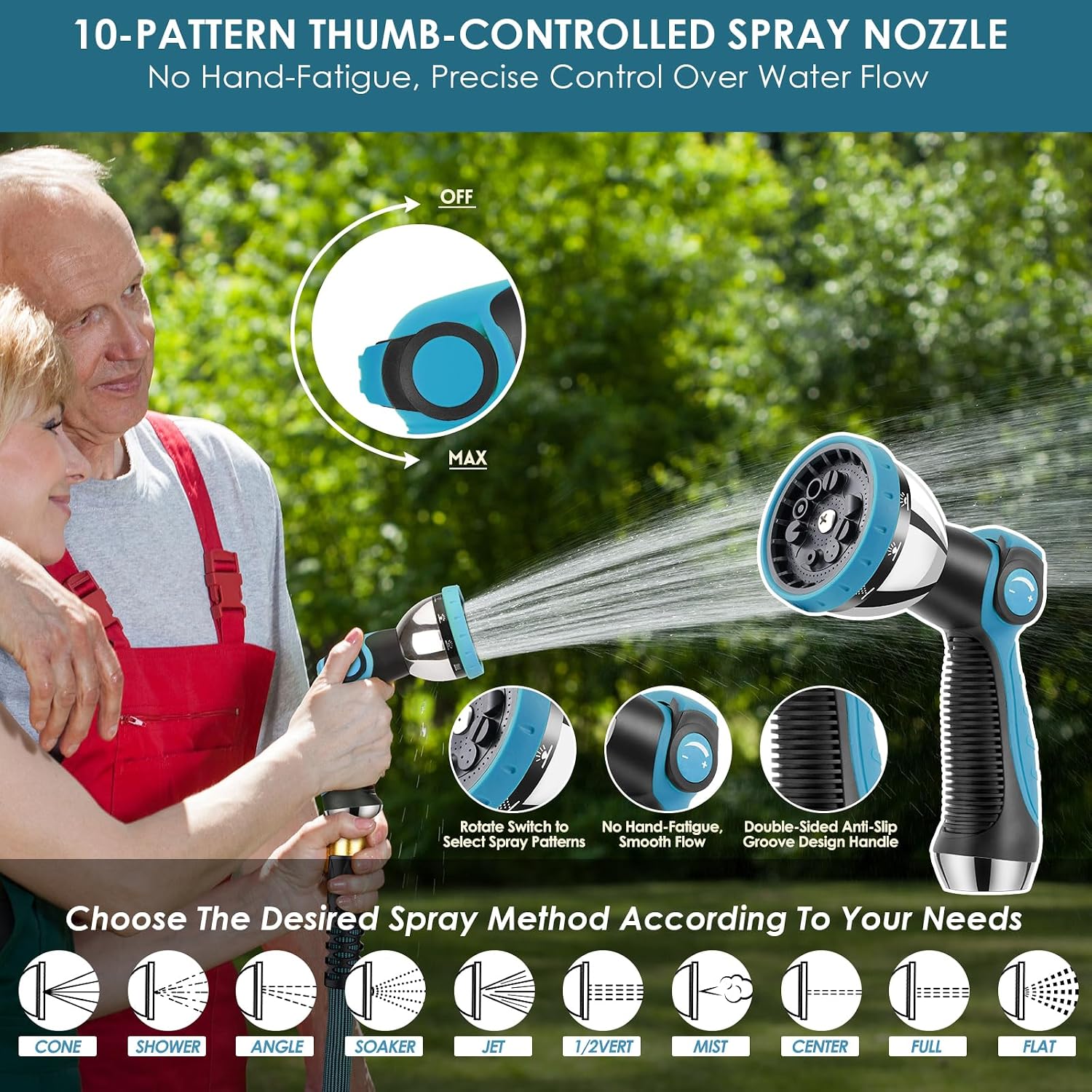 Garden Hose 100 Ft, Non-Expandable Lightweight Water Hose, 360° Swivel Anti-Kink Fittings, 10-Pattern Spray Nozzle & Shut-Off Valve, Flexible Water Hose For Yard, Lawn, Car Wash, Blue