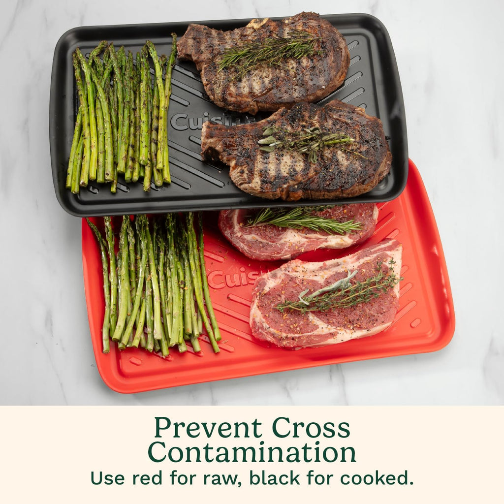 Cuisinart Grilling Prep & Serve Trays, 17x10.5 inch BBQ Tray Safe for Food Handling, 2 Dishwasher Safe Nesting Trays Black & Red, Perfect Grilling Accessories for Cooked & Raw Meat, Fits 6 Burgers