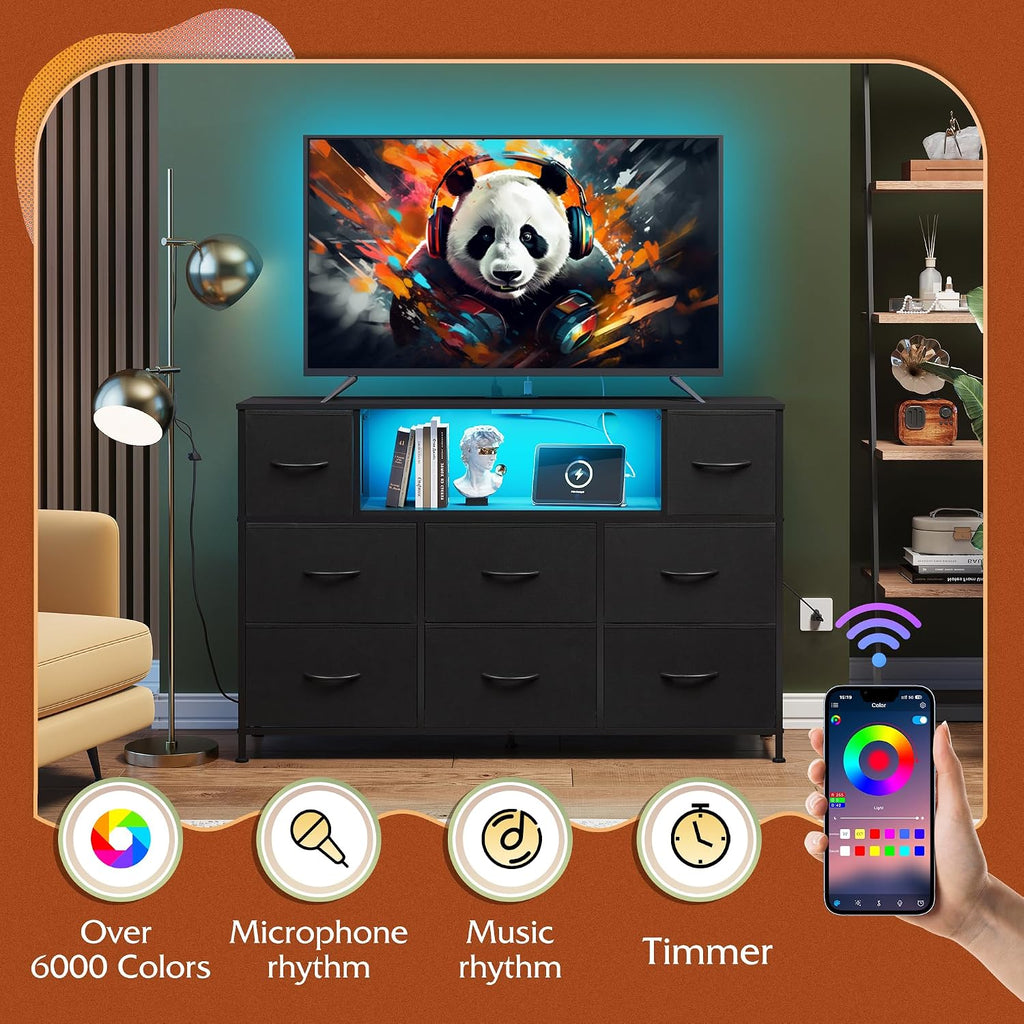 Wlive Black Dresser Tv Stand For 45, 50, 55 Inch Tv, Entertainment Center With Led Lights & Charging Station, Chest Of Drawers With 8 Fabric Drawers And Open Shelves For Living Room, Hallway, Wood Top