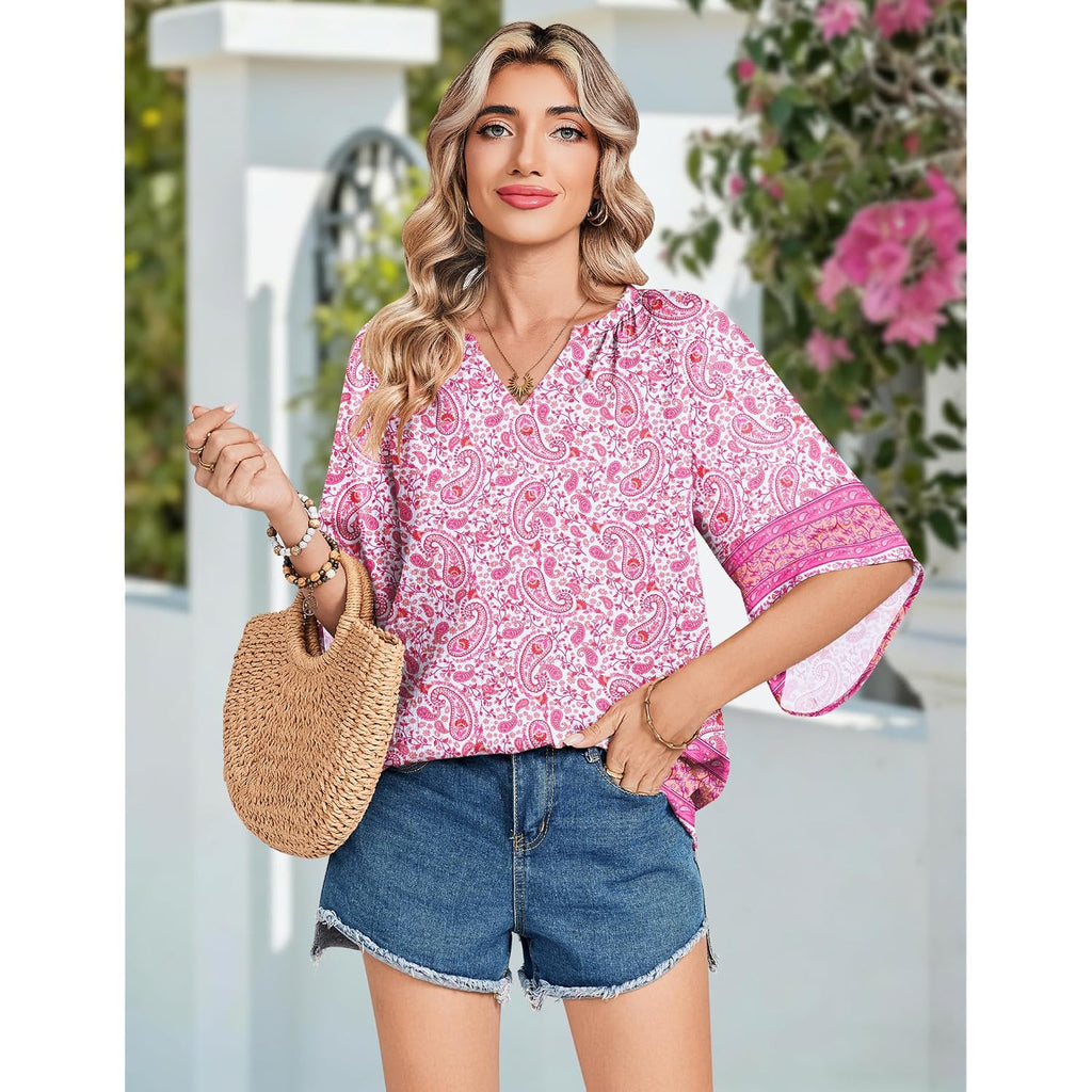 Zeagoo Womens Tops 3/4 Sleeve V Neck Bohemian Blouses Casual Loose Fit Tunic Boho Shirts Floral Printed Clothes