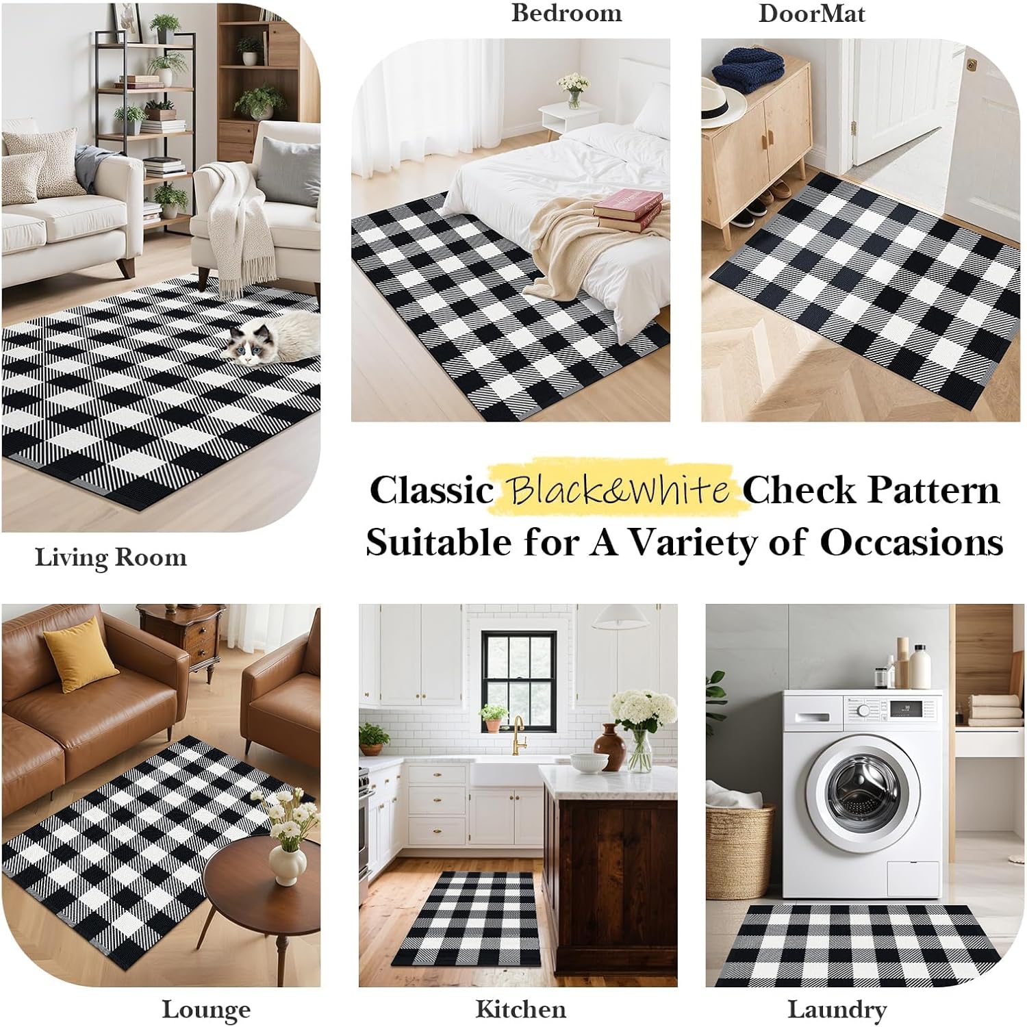 Area Rug, 2’4’’ x 3’7’’ Black and White Checkered Rug Plaid Outdoor Rugs, Soft Machine Washable Cotton Woven Welcome Mat Area Rugs for Home Decor, Bedroom, Doormat, Balcony, Porch, Patio