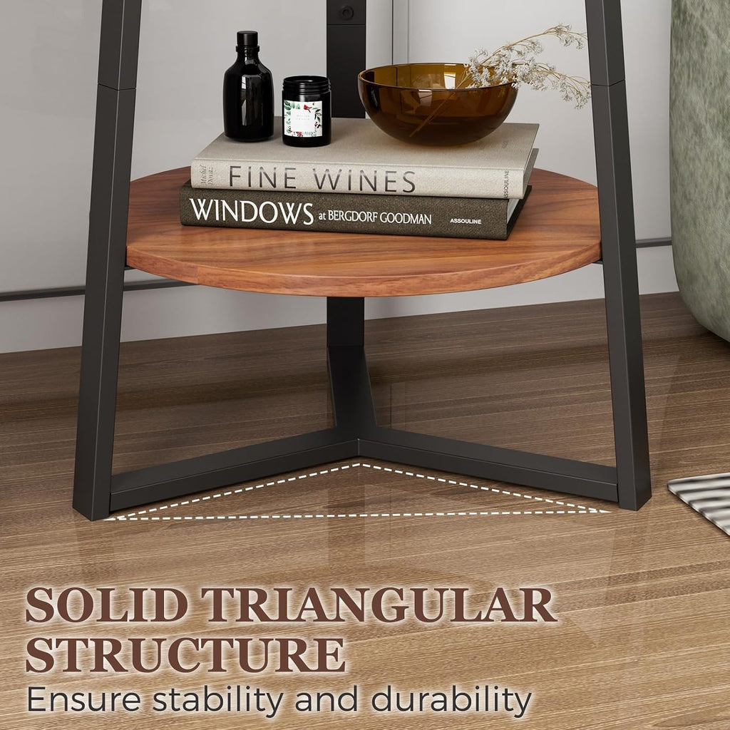 Round End Table With Storage Shelf, 2 Tier Farmhouse Side Table Nightstand For Living Room, Bedroom, Wood Tabletop & Black Metal Frame, Brown 15.7 * 15.7 * 23.0Inches