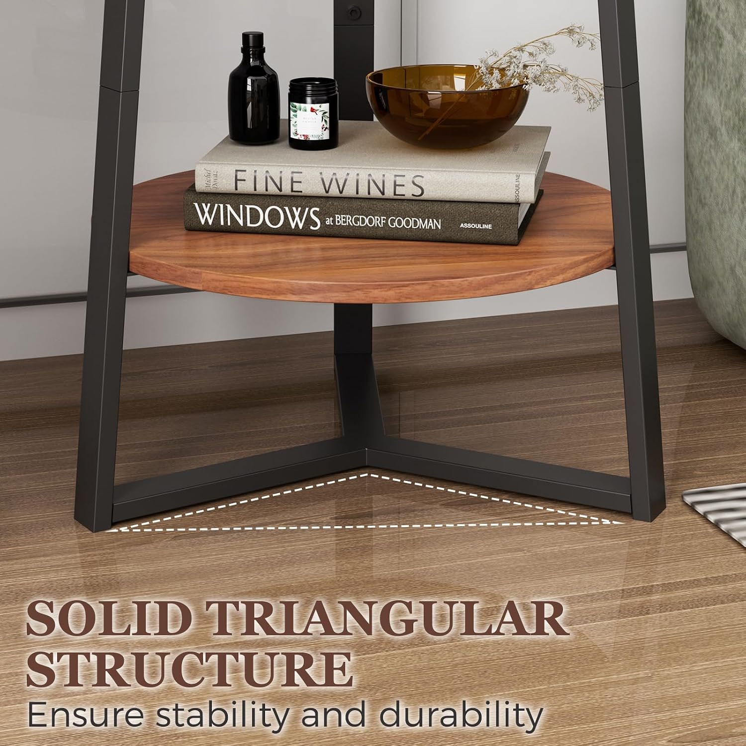Round End Table With Storage Shelf, 2 Tier Farmhouse Side Table Nightstand For Living Room, Bedroom, Wood Tabletop & Black Metal Frame, Brown 15.7 * 15.7 * 23.0Inches