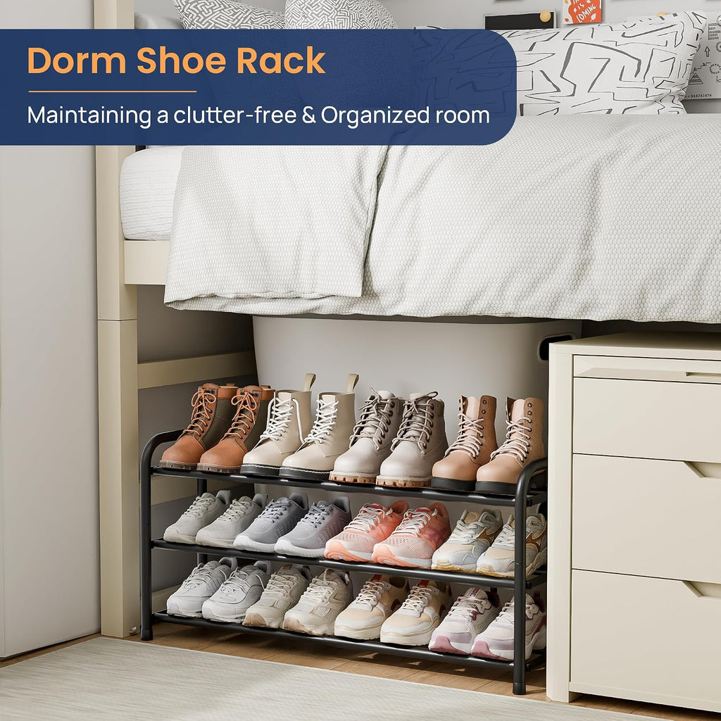 Enjoybasics 3 Tier Expandable Shoe Rack For Closet, Free Standing Metal Shoe Shelf Storage Organizer Holder 12 Pairs, Adjustable Width Shoe Rack For Entryway Small Space, Black