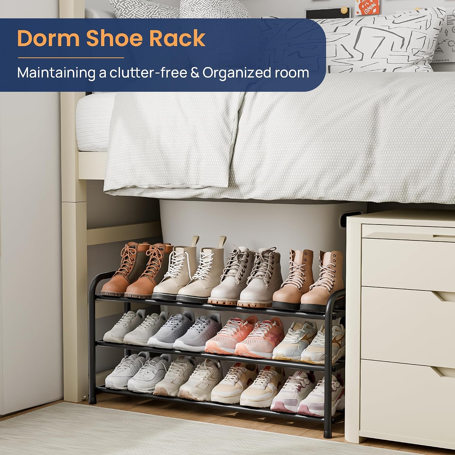 Enjoybasics 3 Tier Expandable Shoe Rack For Closet, Free Standing Metal Shoe Shelf Storage Organizer Holder 12 Pairs, Adjustable Width Shoe Rack For Entryway Small Space, Black