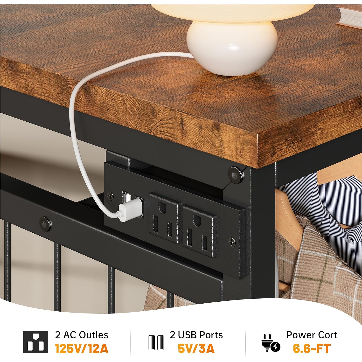 Enhomee 49.2" W Dresser With Hanging Rack & 6 Drawers, Grid Panel & 4 Hooks | Featuring Led Lights And Charging Station, Wooden Top Organize Unit For Bedroom, Chest Of Drawers With Steel Frame, Brown