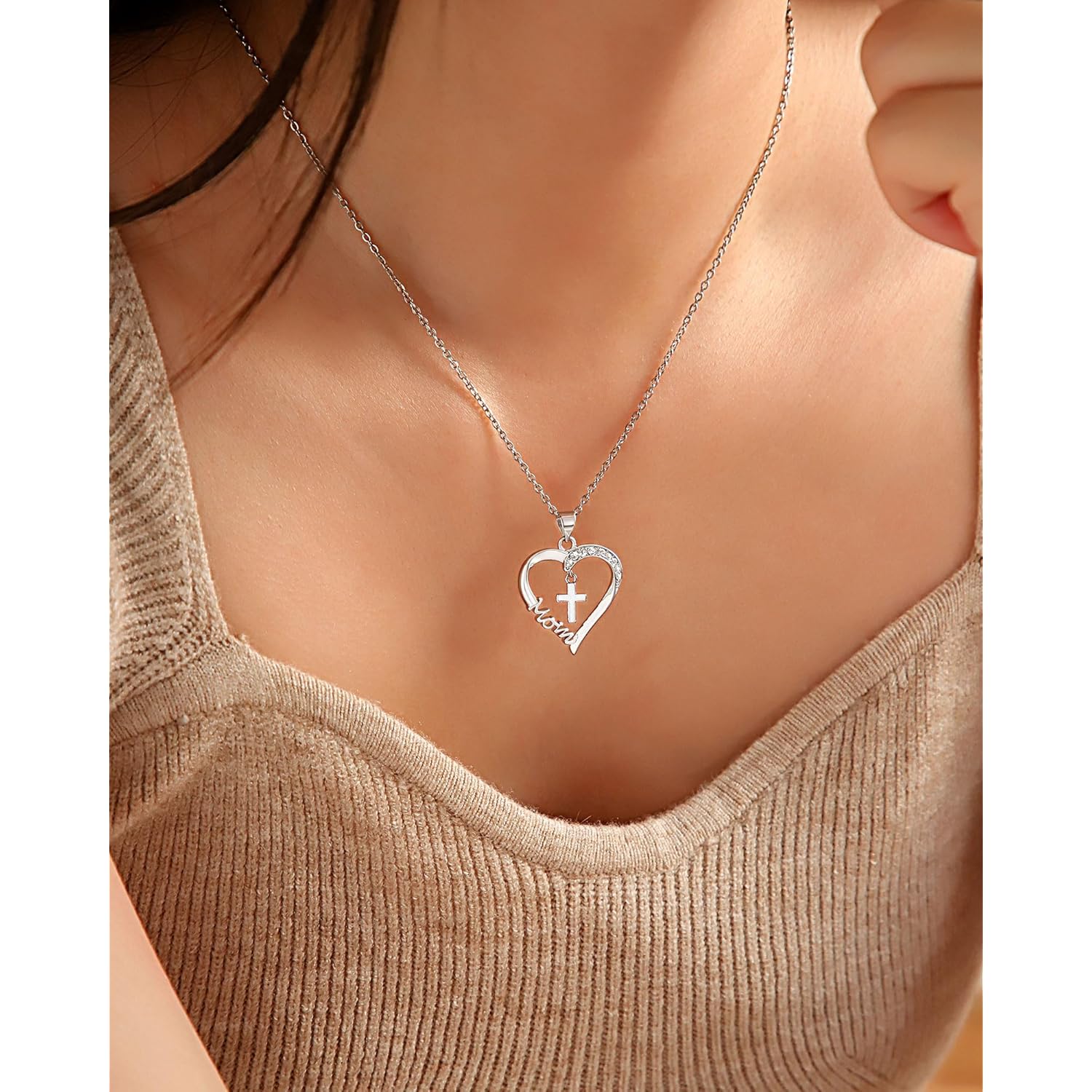 PINKDODO Heart Cross Necklace for Women Baptism Confirmation Easter Gifts