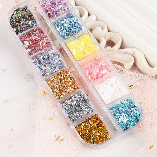 12 Colors Glitter Nail Art Sequins, Holographic Irregular Iridescent Shiny Nail Flakes Decorations 3D Ultra-Thin Powder Nail Art Design for Women Manicure Sparkly Acrylic Supplies, Resin Nail Art Tips