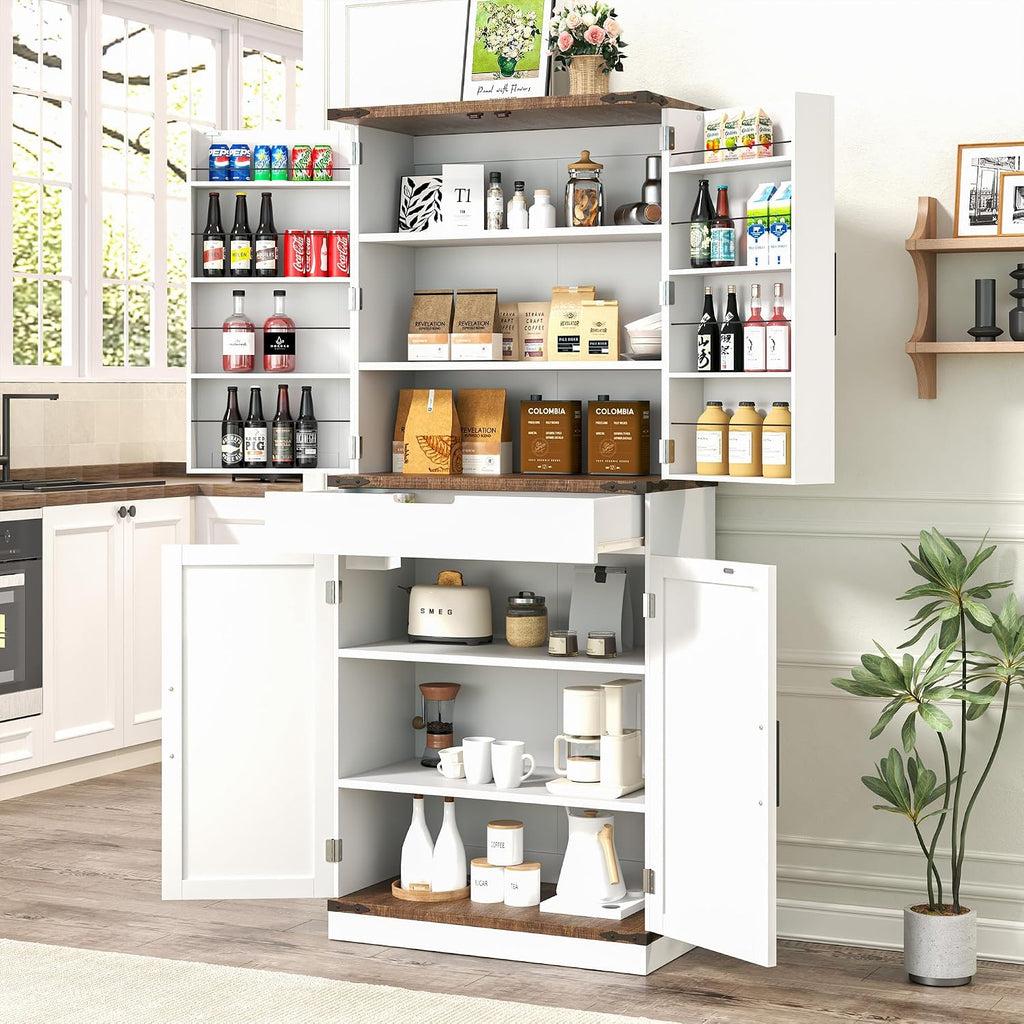 72" Kitchen Pantry Storage Cabinet With Doors And Shelves, Wood Farmhouse Pantry Storage With Barn Doors For Kitchen, Dining Room, Living Room