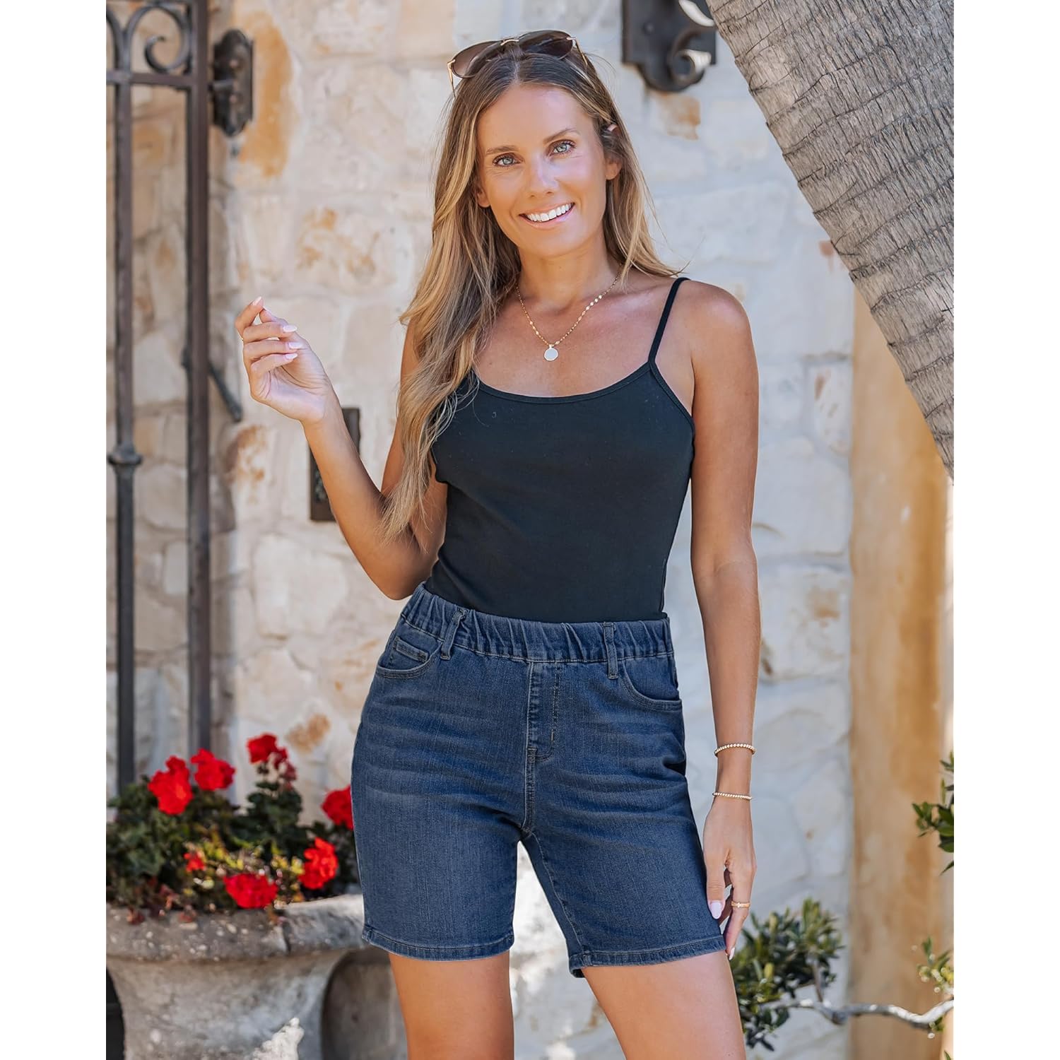 Jean Shorts for Women Mid Rise Pull On Elastic Waist Trendy Summer Jorts 7 Inch Inseam Stretchy Long Denim Shorts