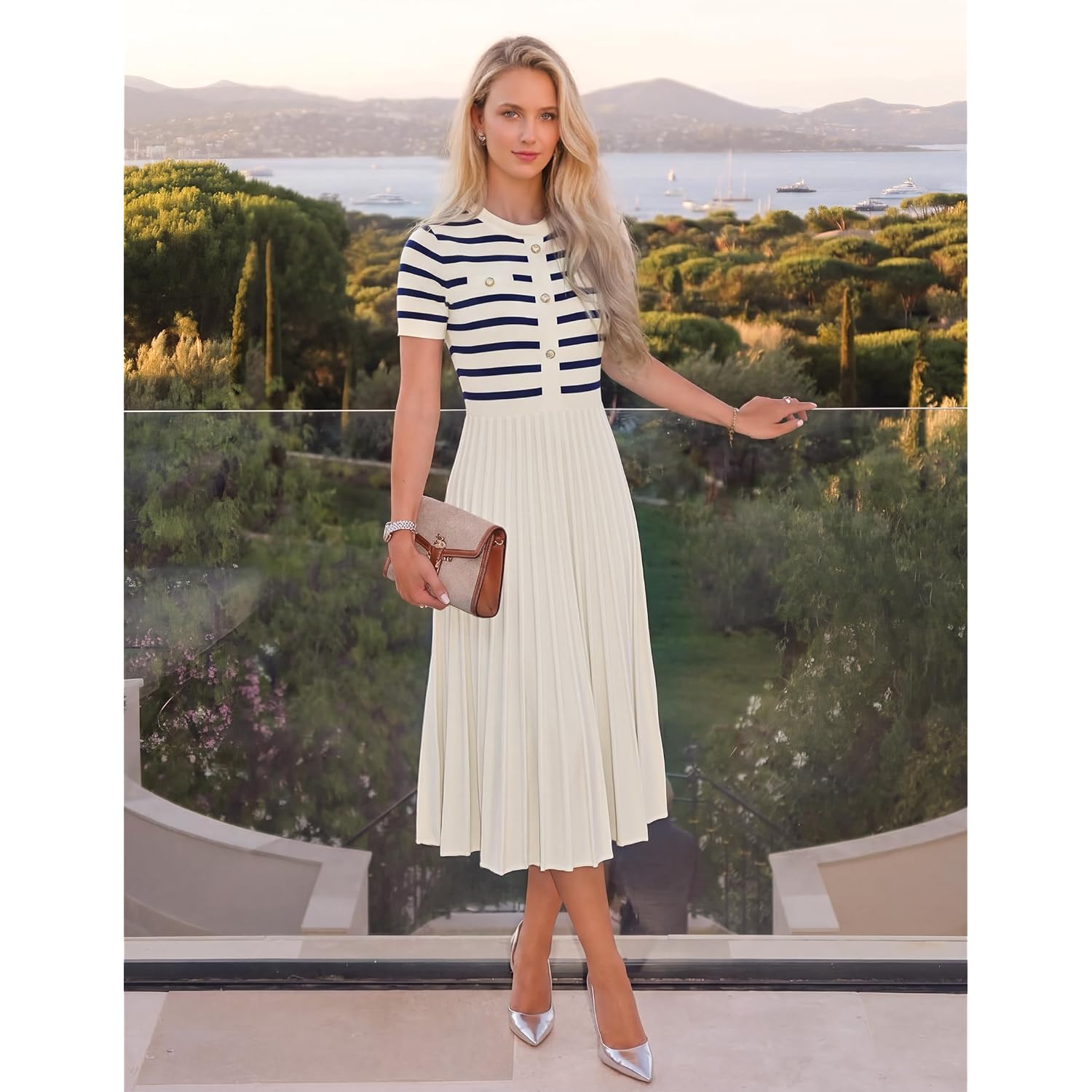 Zesica Women'S 2026 Casual Striped Midi Dress Crewneck Short Sleeve Button Ribbed Knit Swing Pleated A Line Dresses