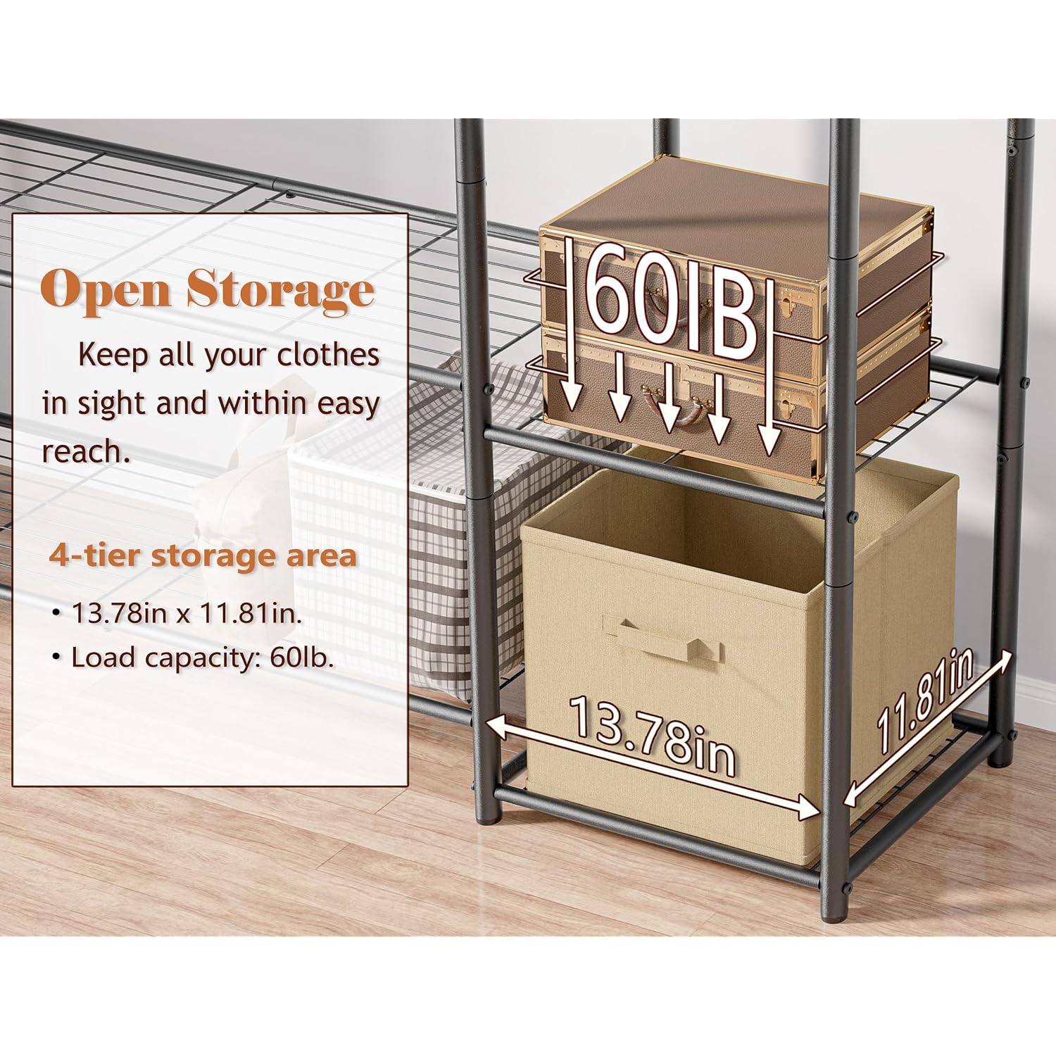 Wardrobe Closet,Portable Clothes Rack With 4 Tiers Shelves,Freestanding Closet Organizers And Storage System With Hanging Rods,Steel Clothing Rack Suitable For Cloakrooms,Bedrooms,Entrances,Etc.Black