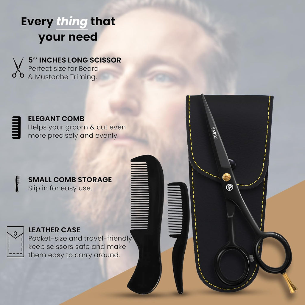 5” Professional Beard Mustache Scissors with 1 Beard Comb, 1 Mustache Comb and Travel Pouch - Perfect Beard Trimming Scissors for All Facial Hair Scissors - Grooming Scissors