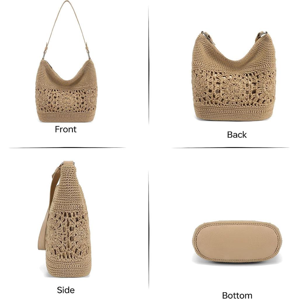 Crochet Hobo Bags For Women Woven Lightweight Boho Shoulder Purse And Handbags With Leather Strap Khaki