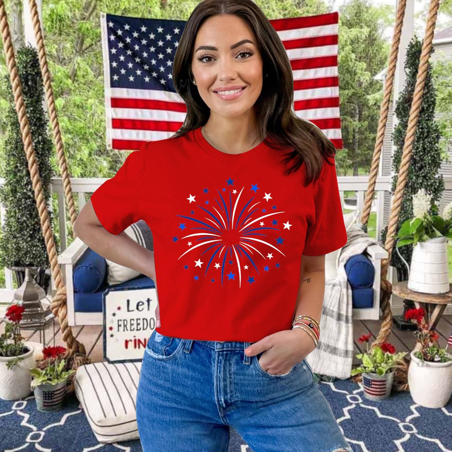 Womens American Flag Shirt USA Fireworks Patriotic Print T-Shirt 4th of July Crewneck Tee