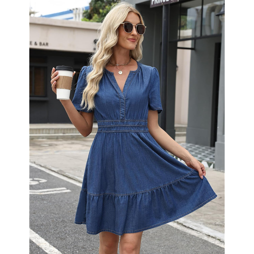 Potili Denim Dress For Women Long Sleeve Tiered A Line Casual Flowy Babydoll Dress Jean Dresses With Pockets 2026